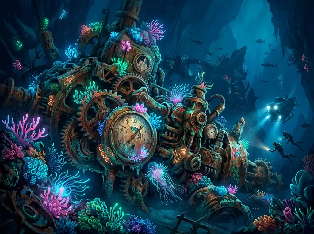 Sunken machinery glowing in the deep ocean